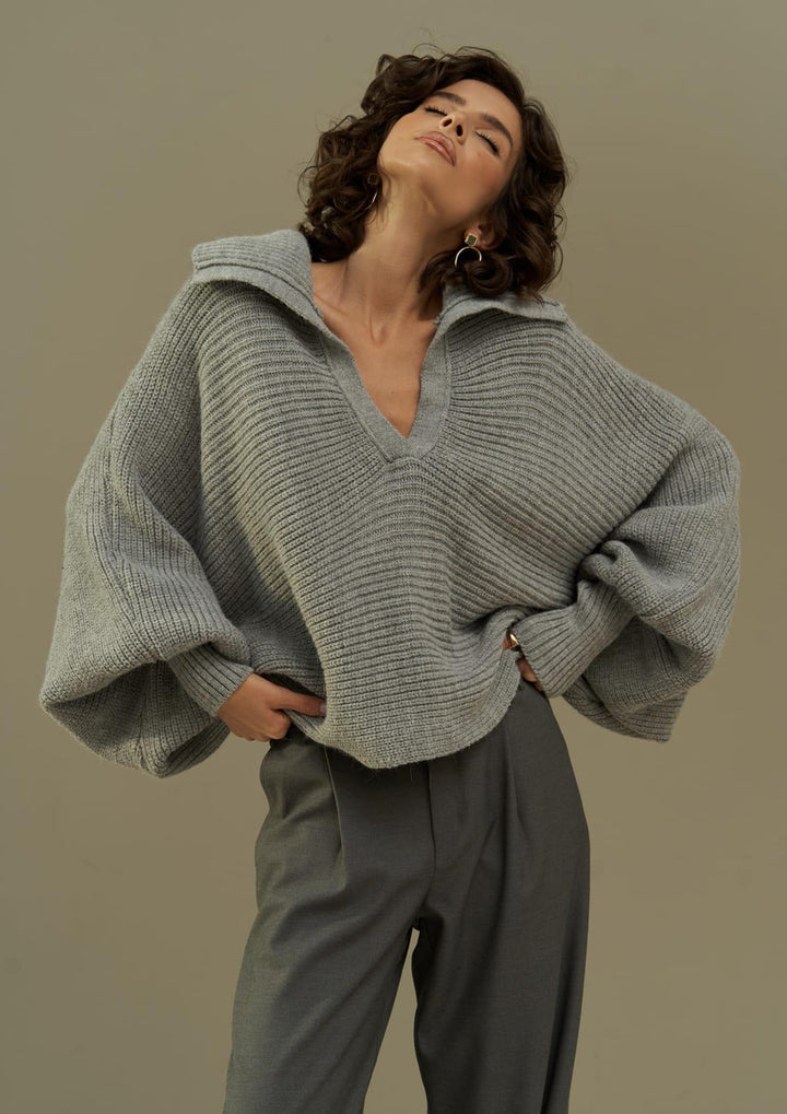Dame afslappet strikpullover med oversized krave Stilla