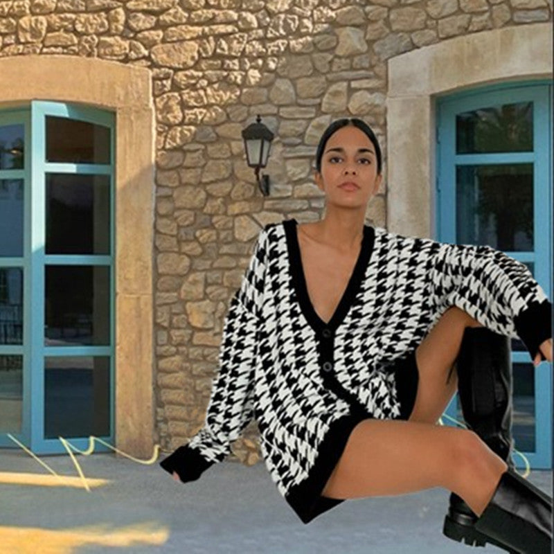 Kvinders mode cardigan i houndstooth mønster Stilla
