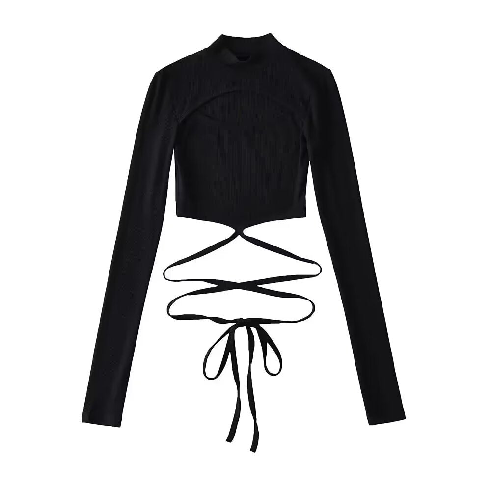 Dame crop langærmet top med fashionable bindebælte og raffinerede cut-out detaljer Stilla