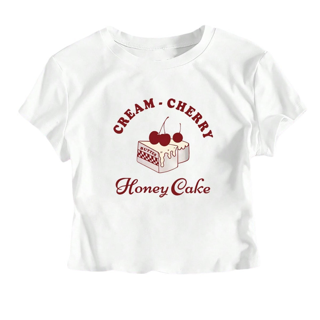 Dame Crop-T-Shirt med kreativ dessertmotiv og moderne snit Skovae