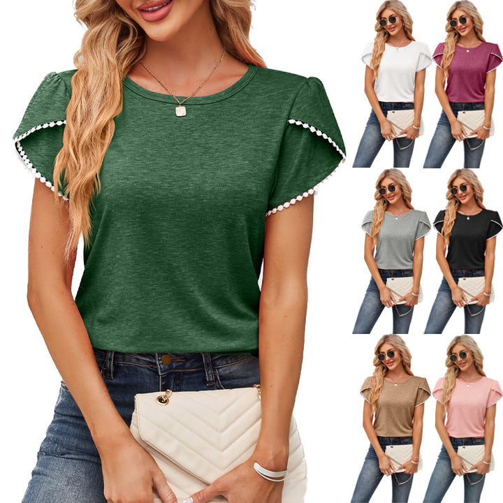 Dame T-shirt med dekorative ruffles detaljer og rund halsudskæring Stilla