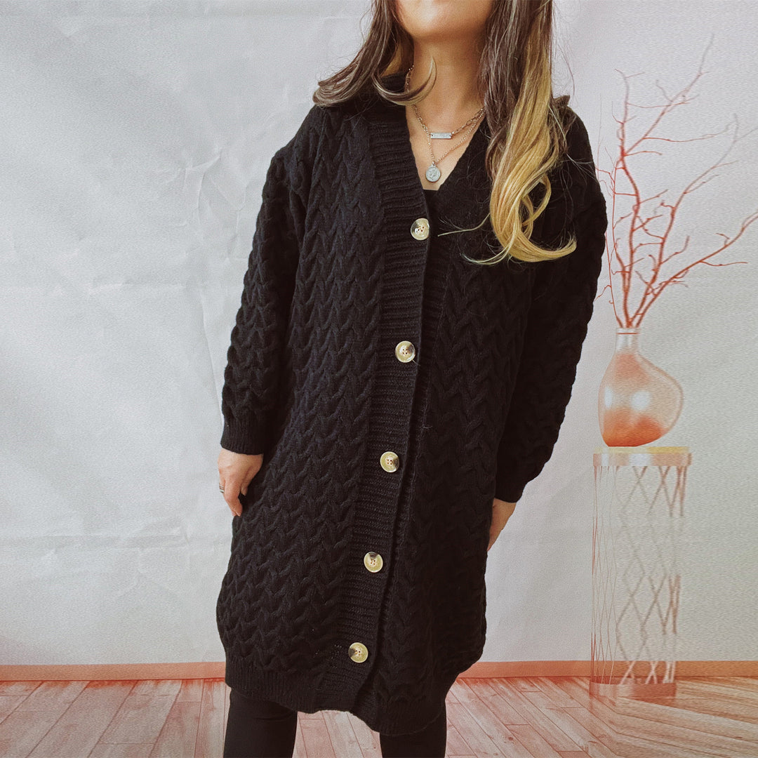 Kvinders cardigan med hele kabelmønster og store knapper Stilla