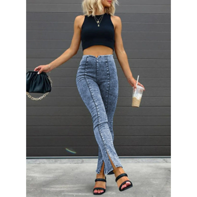 Dame High-Waist Denim-Bukser med sidelommer og knaplukning Stilla