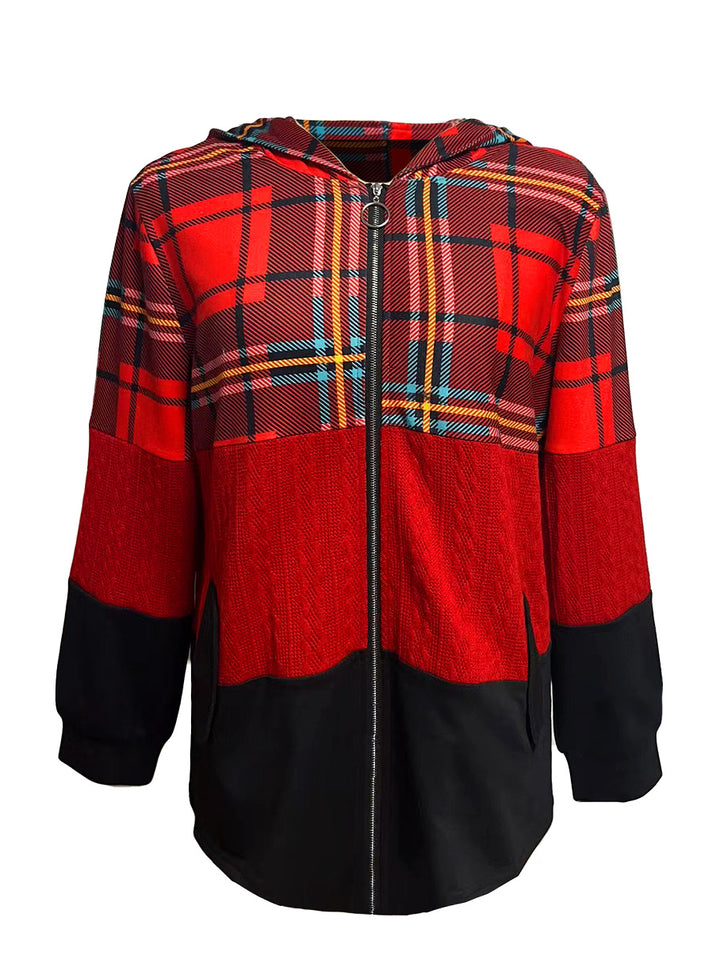 Dame lang hættetrøje i patchwork-stil med ternede og strikindsatser, frontlynlås og stiklommer Skovae