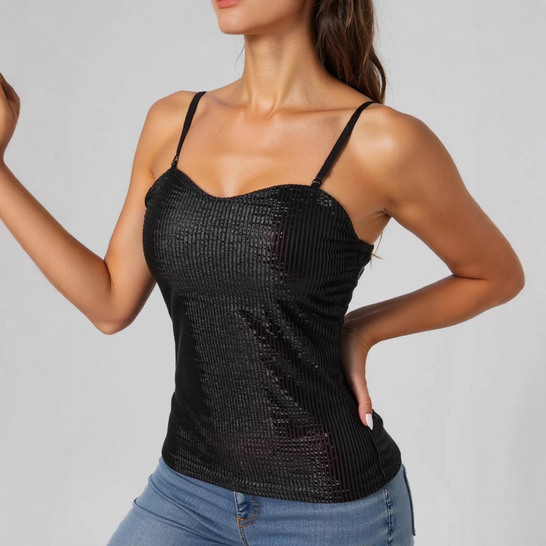 Dame elegant spaghetti straps shirt med luksuriøs paillet dekoration og fin rib strik Skovae