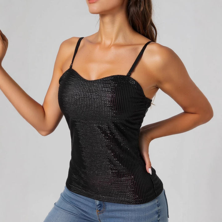 Dame elegant spaghetti straps shirt med luksuriøs paillet dekoration og fin rib strik Skovae