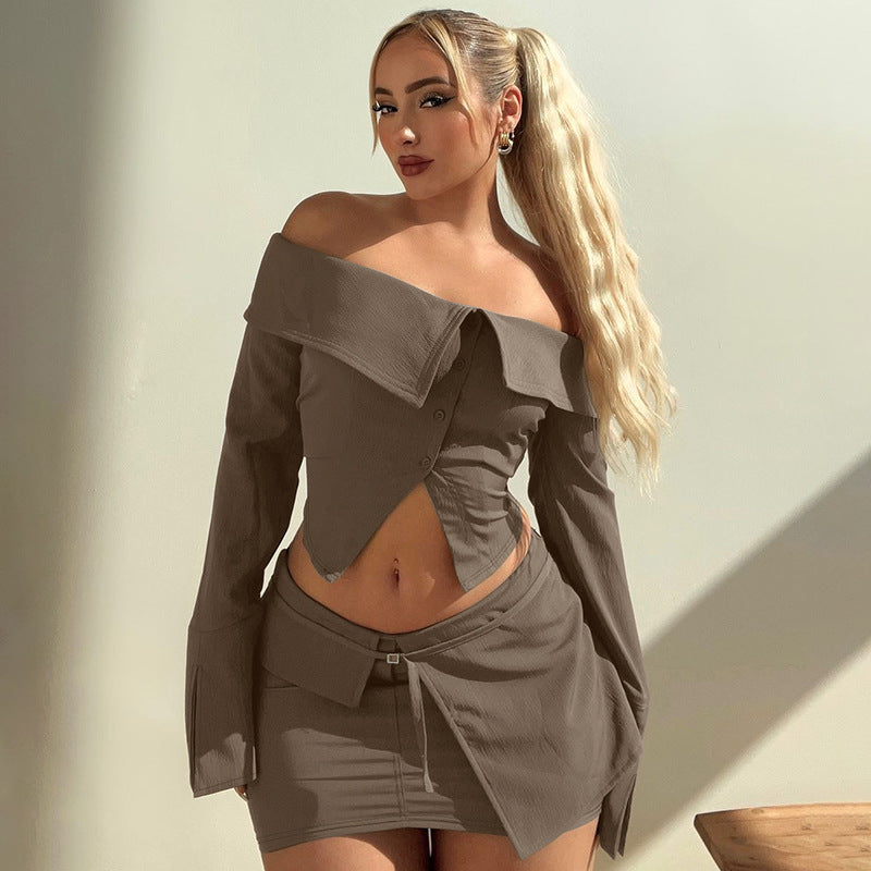 Dame Off-Shoulder Top og Dinnerrock Sæt med asymmetrisk Design og Knapdetaljer Stilla