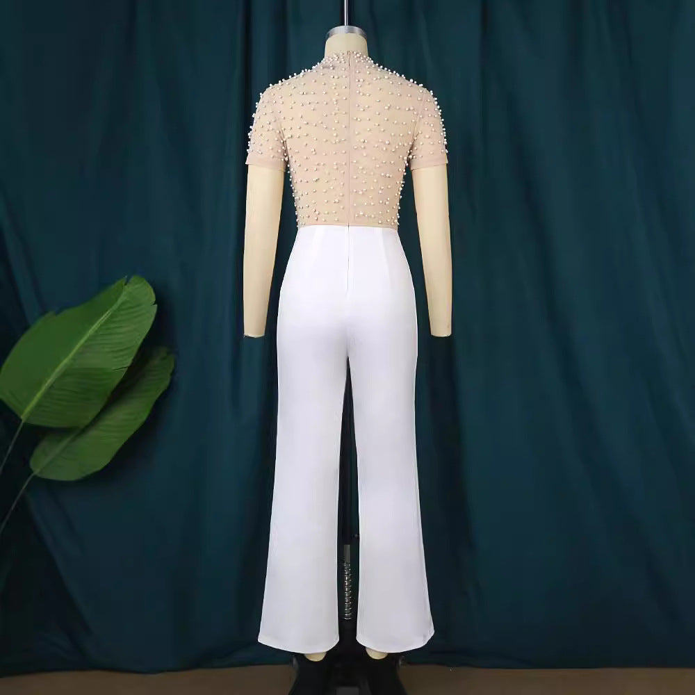 Dame elegant jumpsuit med glitrende perlebesætning Skovae