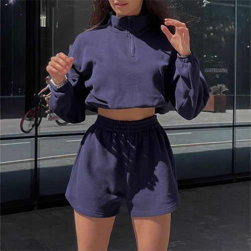 Kvinders sporty cropped top og shorts sæt med lynlås og elastisk talje
