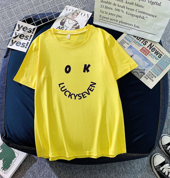 Kvindernes fashionabel t-shirt med afslappet smiley-tryk og høj kvalitet bomulds kvalitet Skovae