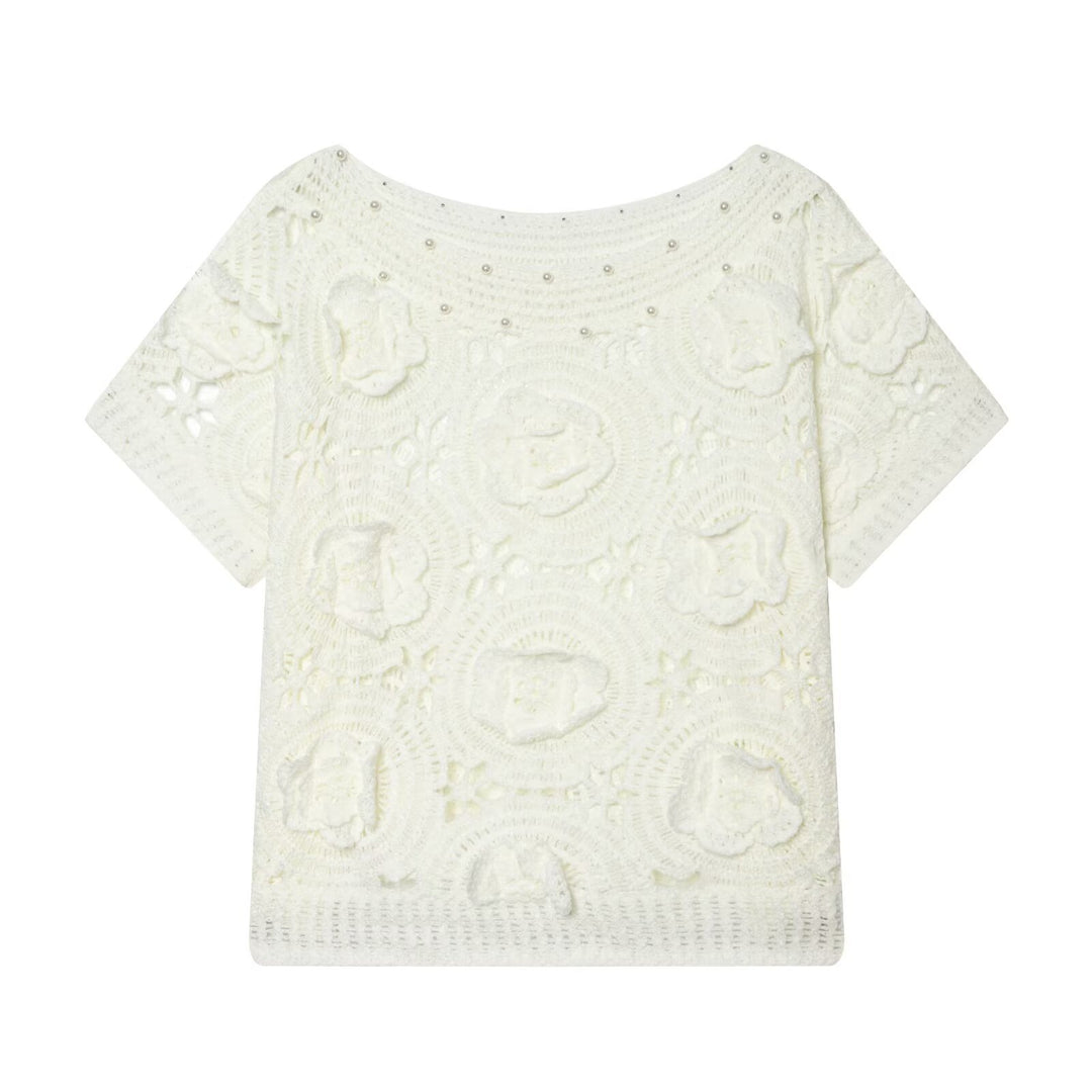 Dame spids T-shirt med luksuriøs blomsterbroderi og dekorative perler Skovae