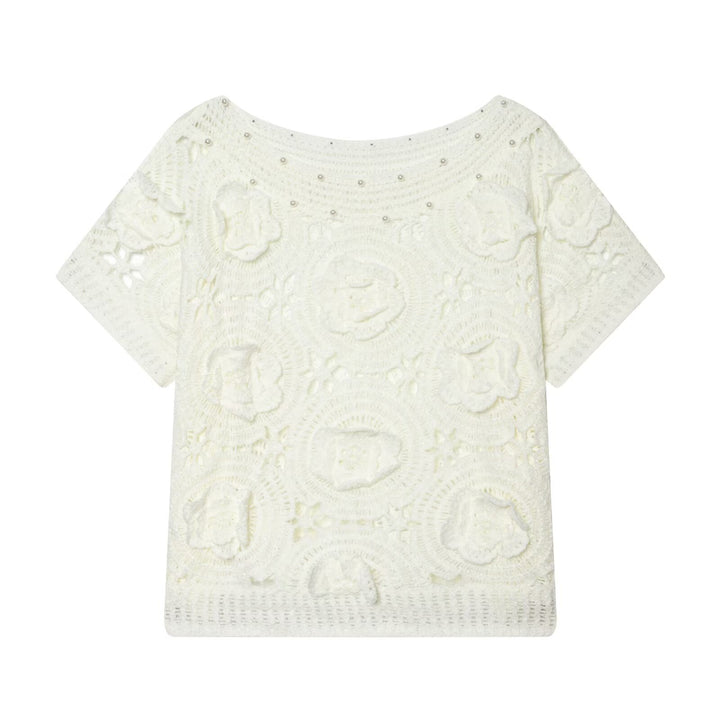 Dame spids T-shirt med luksuriøs blomsterbroderi og dekorative perler Skovae