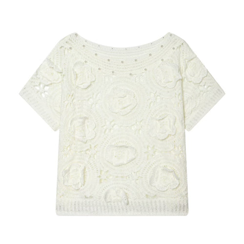 Dame spids T-shirt med luksuriøs blomsterbroderi og dekorative perler Skovae