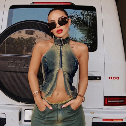 Damer moderigtigt Denim-Crop-Top med høj krave og lynlås Stilla