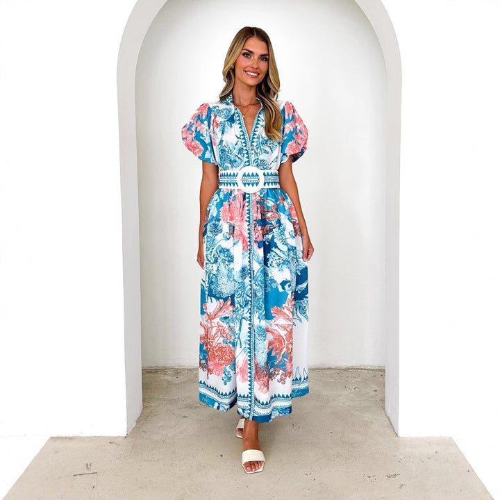 Kvinder Elegant Maxi Kjole med Blomster Mønstre og Voluminøse Ærmer Stilla