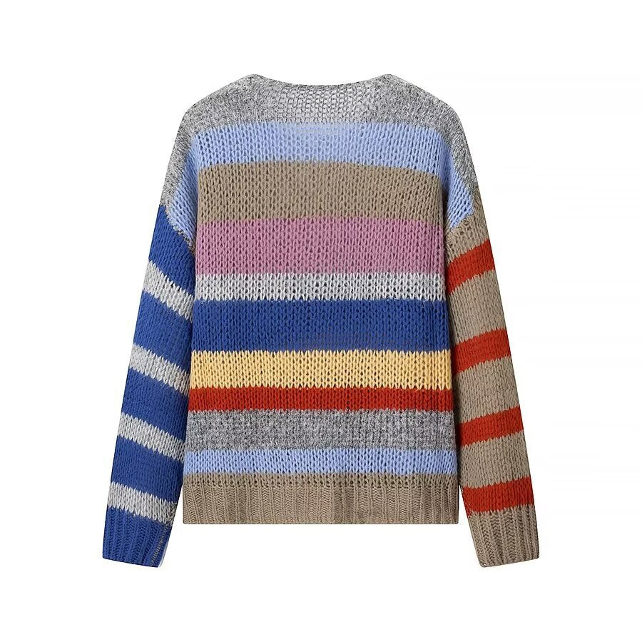 Kvinders luftige strikket sweater med farverigt stribemønster Stilla