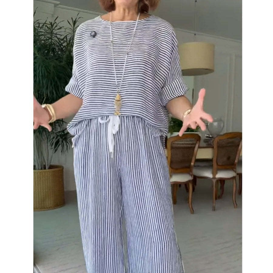 Stribet linned loungewear sæt til kvinder, to dele Stilla