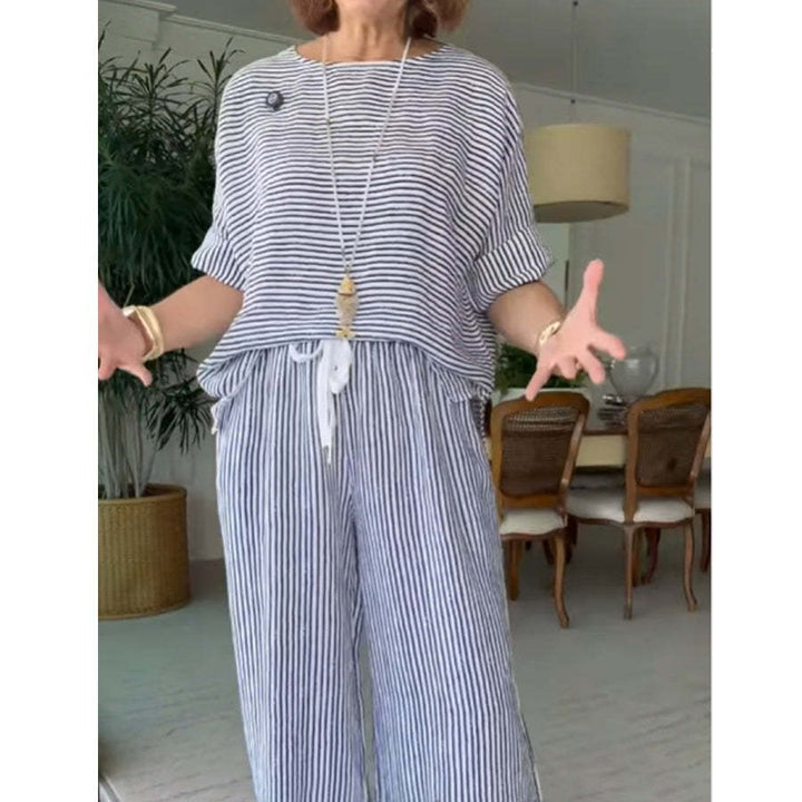Stribet linned loungewear sæt til kvinder, to dele Stilla
