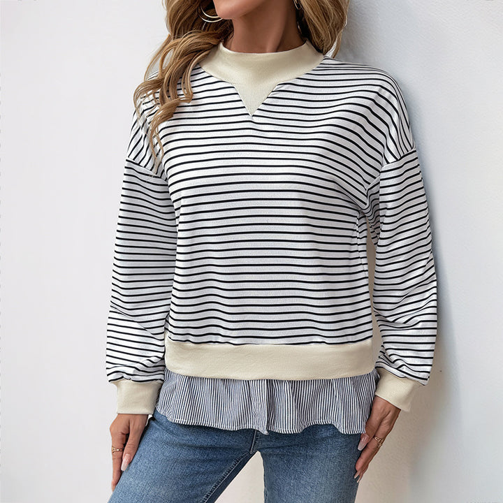 Kvindernes trendy sweatshirt med asymmetrisk stribemønster og flæse trim Stilla