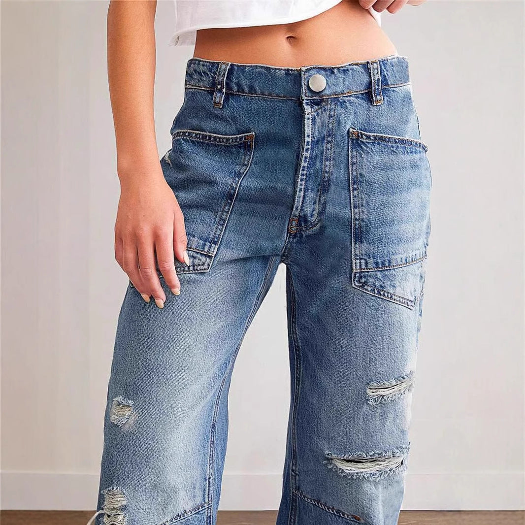 Kvinder's Baggy Jeans i Vintage Look med Ødelagte Detaljer og Cargo Lommer Stilla
