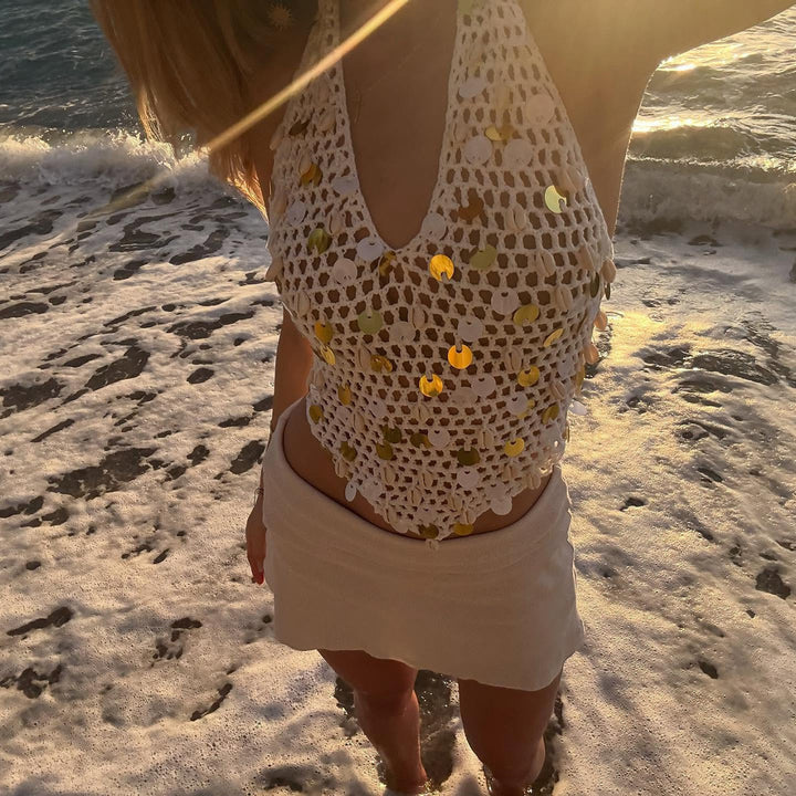 Dame luftig strandtop med glitrende detaljer Skovae