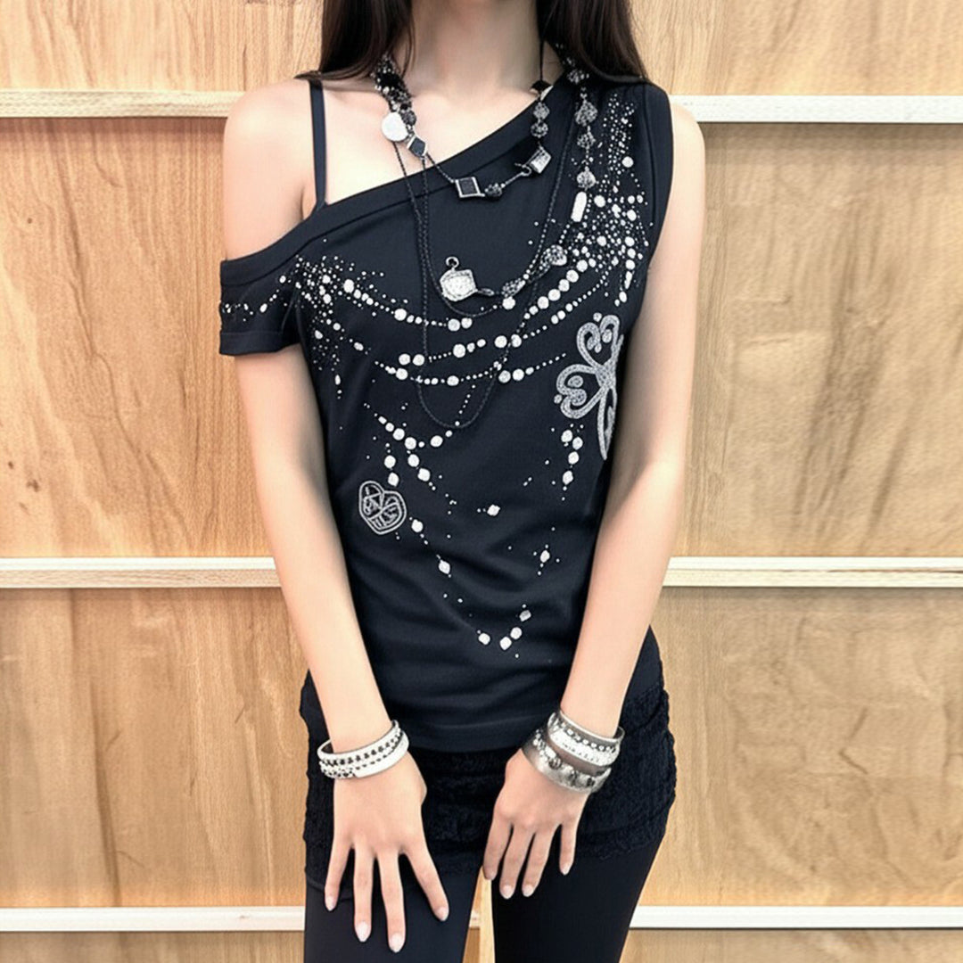 Damen asymmetrisches Tanktop mit stylischem Druck und verzierten Applikationen Skovae