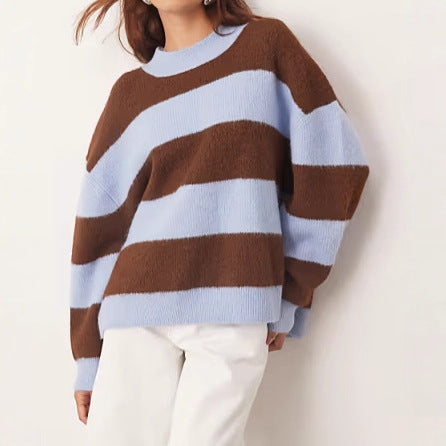 Kvinders oversized strikket sweater med stribet mønster og bred pasform Stilla