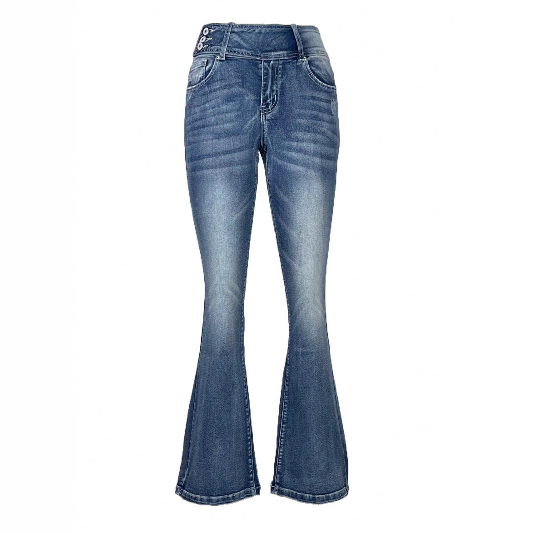 Dame Bootcut Jeans med høj talje og dekorative knapdetaljer Stilla