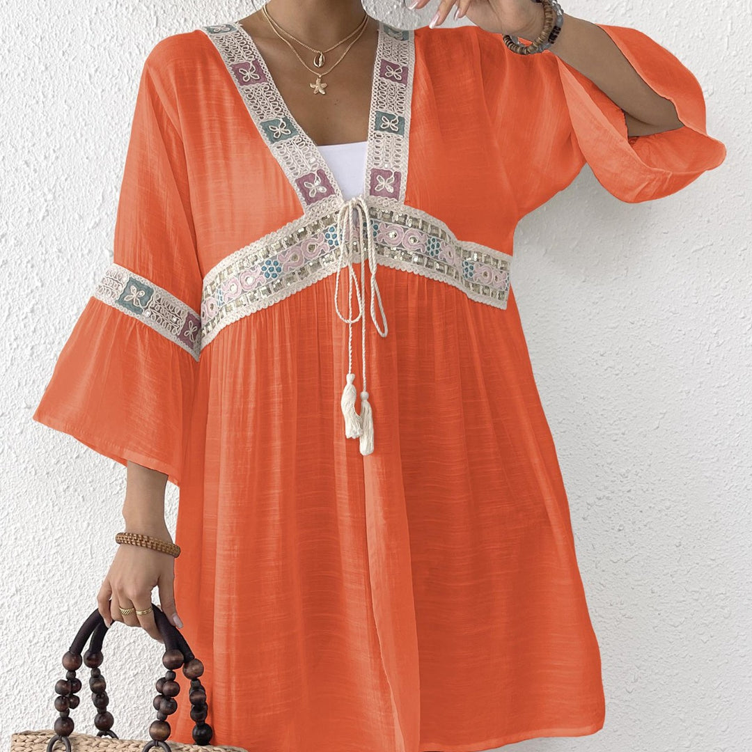 Dame luftig strandkimono med florale broderier Skovae