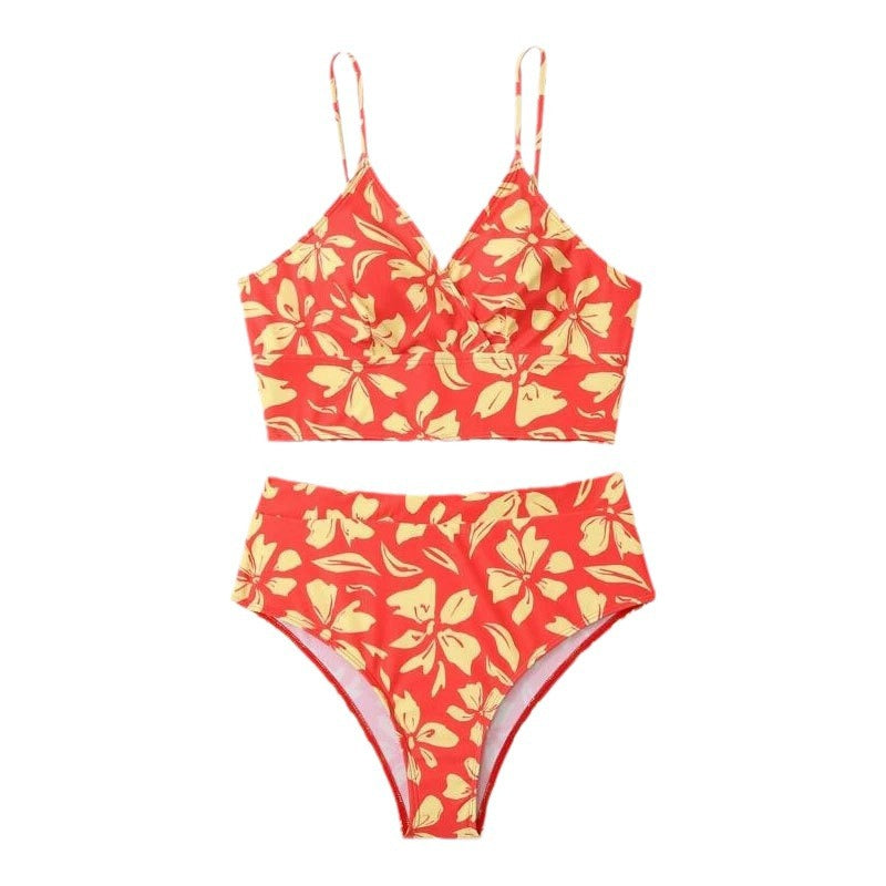 Dame To-delt Bikini-sæt med blomstformet Crop-top og højtaljede trusser Skovae