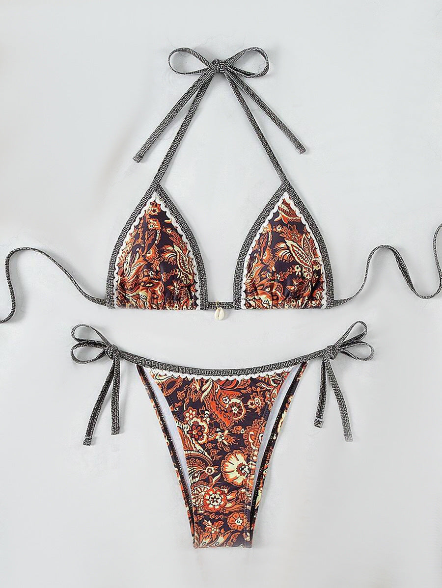 Dame Triangel-bikini med blomsteragtigt vintage-mønster Skovae