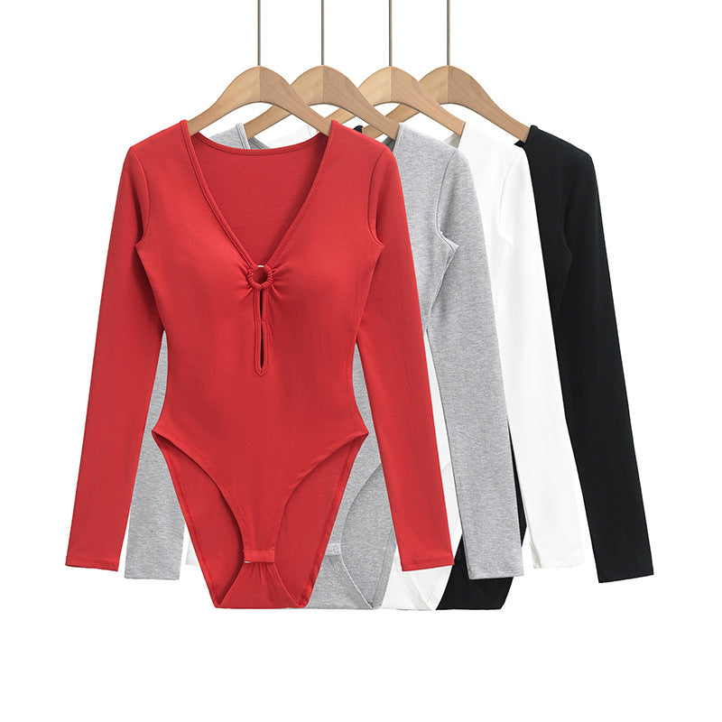 Dame Langærmet bodystocking med elegant V-hals og raffineret knude Stilla