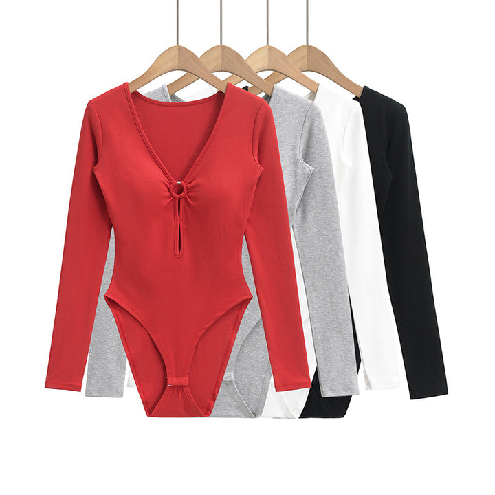Dame Langærmet bodystocking med elegant V-hals og raffineret knude Stilla