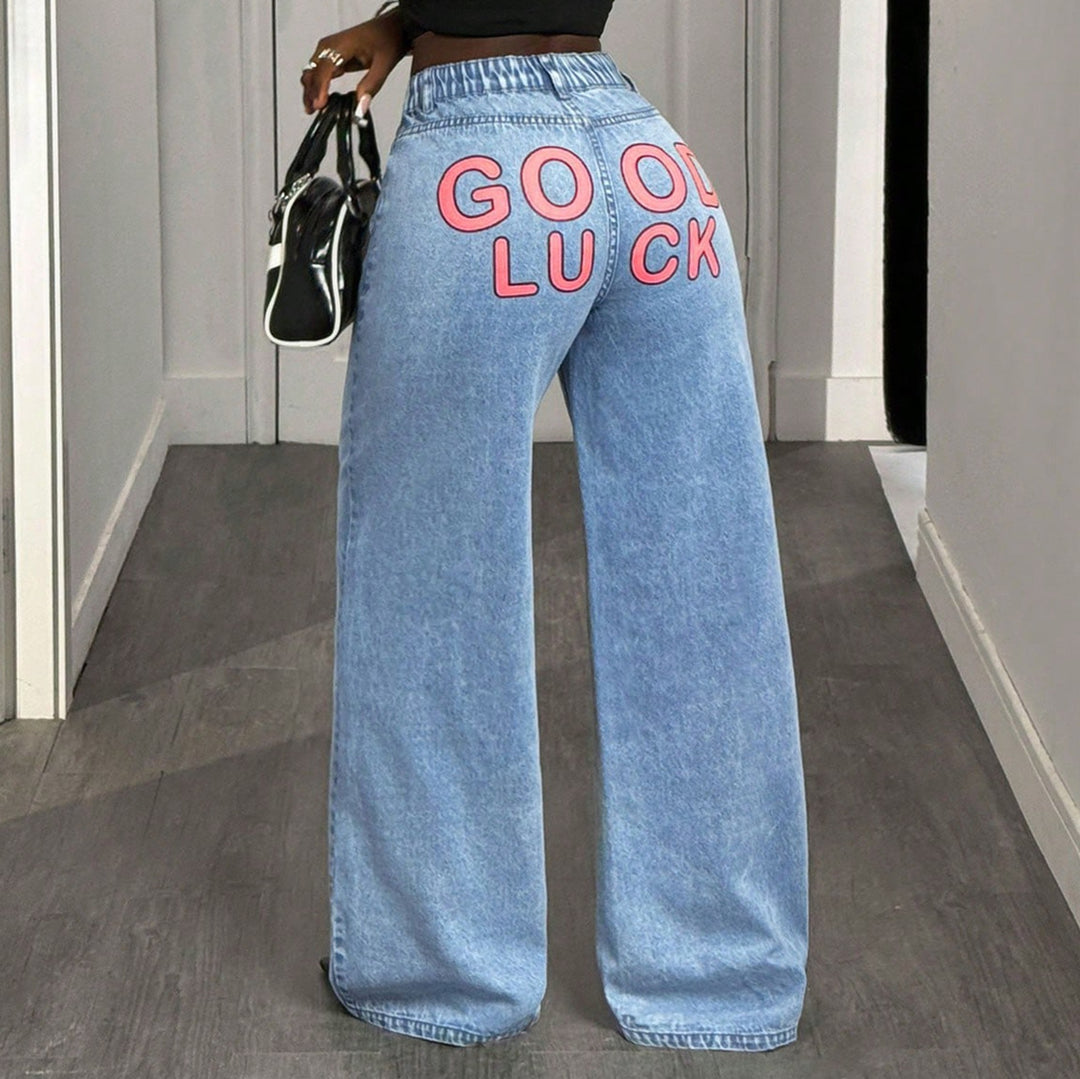 Kvinder Højtaljede Vidde-Ben Jeans med statement Print Stilla