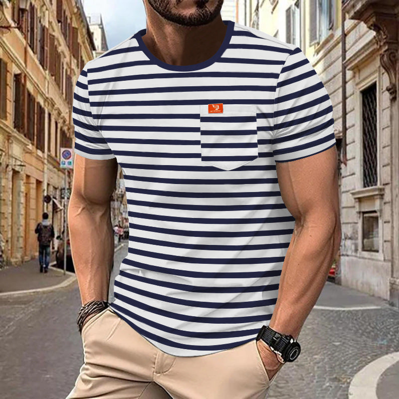 Herre nan maritim inspireret stribet T-shirt med brystlomme og slub-jersey Skovae
