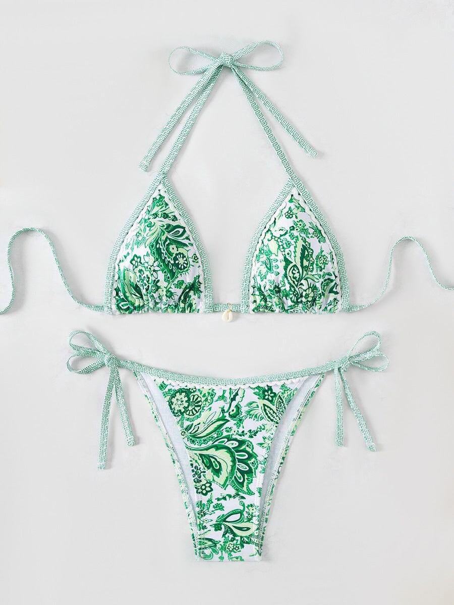 Dame Triangel-Bikini-Sæt med justerbare bindebånd og blomstermotiv Skovae