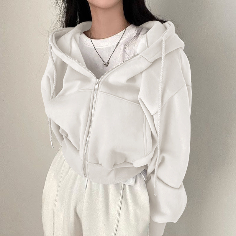 Kvindernes kortede hoodie med lynlås og afslappet stil