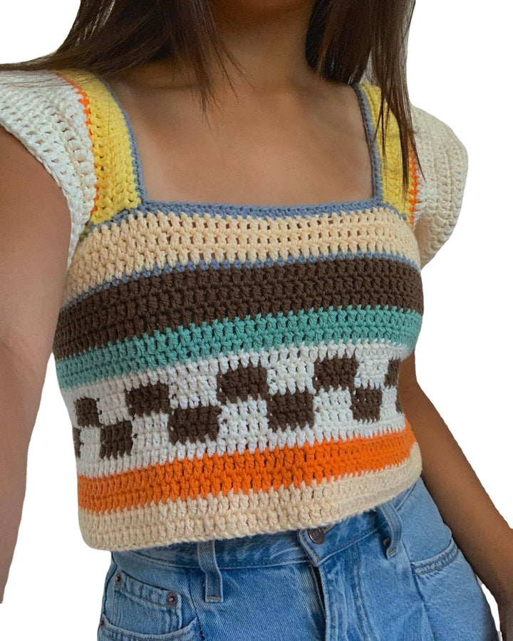 Dame hæklede Crop-Top med farverigt stribemønster og firkantet udsnit Skovae