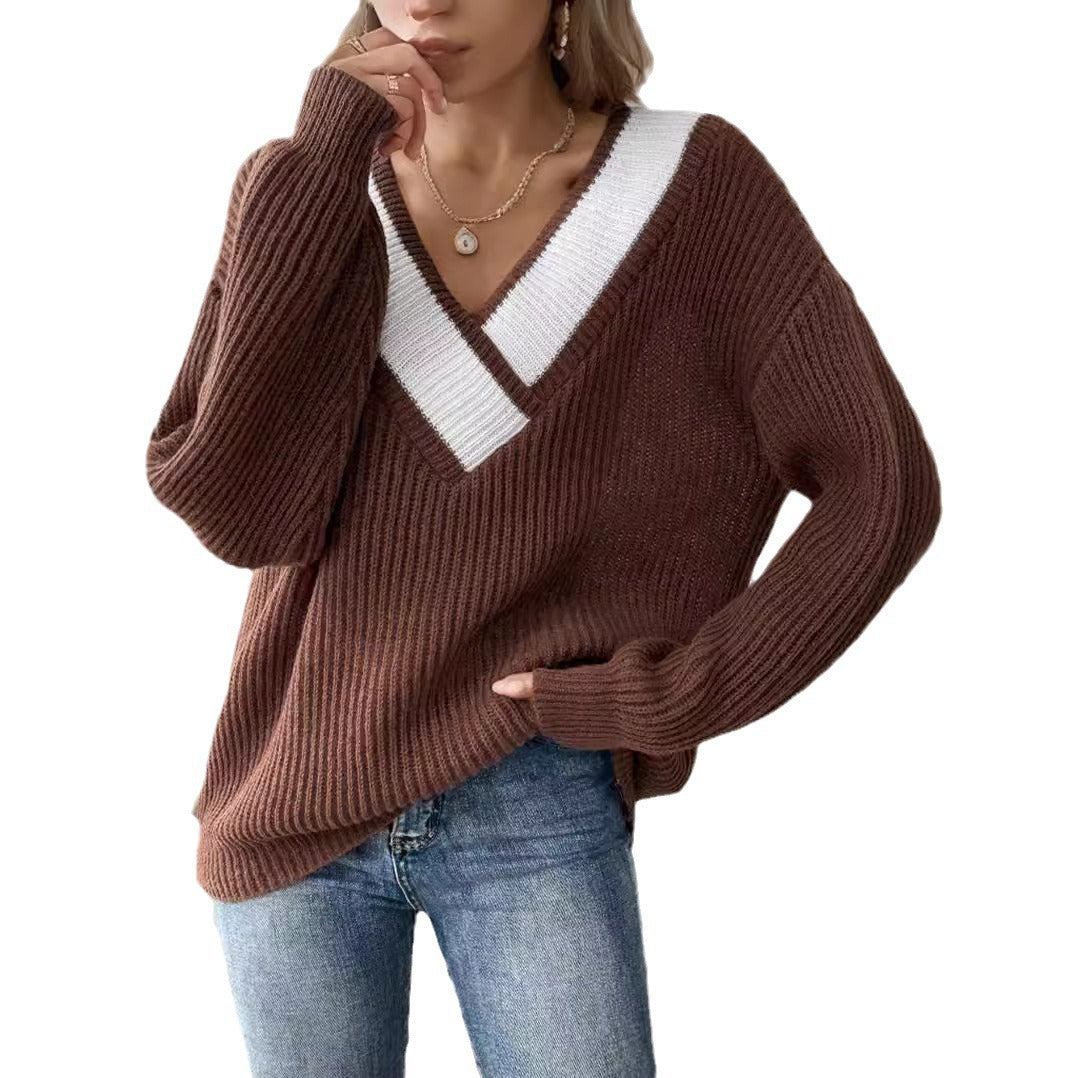 Kvinders afslappede strikket sweater med V-formet udskæring og dekorativ ribmønster Stilla