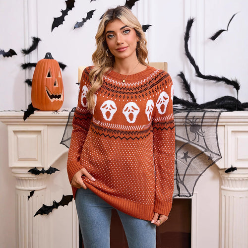 Kvindernes mønstrede strikkede sweater med Halloween-motiver Stilla