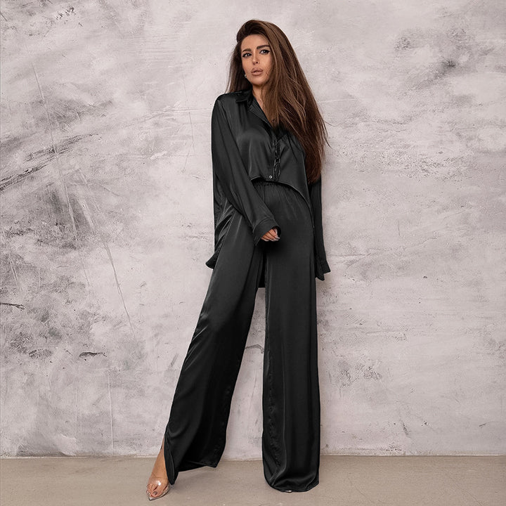 Dame Satin Jumpsuit-Sæt med afslappet elegance og bredt ben Stilla
