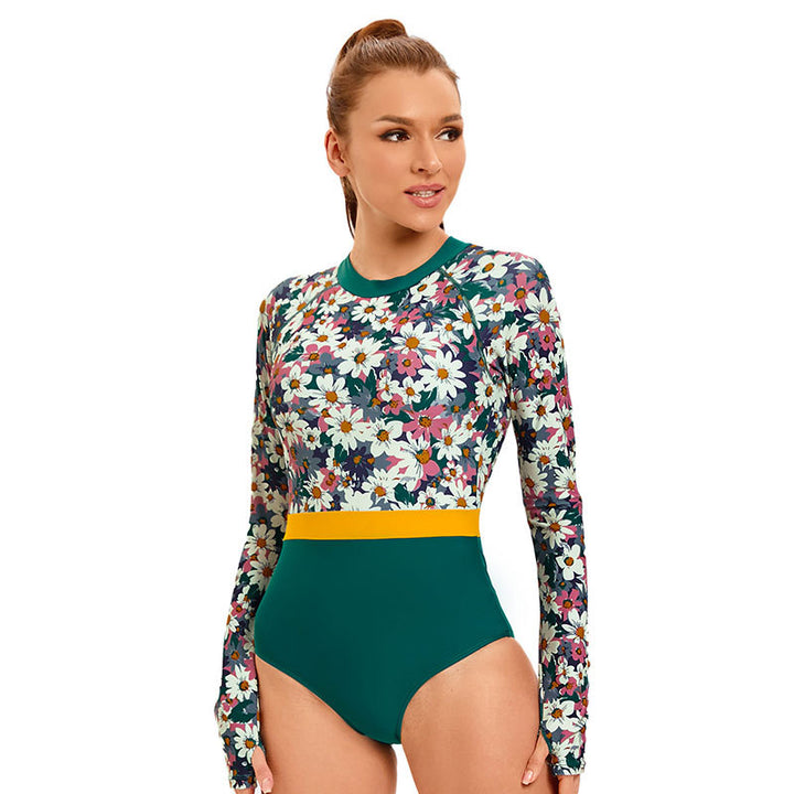 Dame Sporty Langærmet Svømmedragt med iøjnefaldende Blomstermønster og Farveblokdesign Stilla