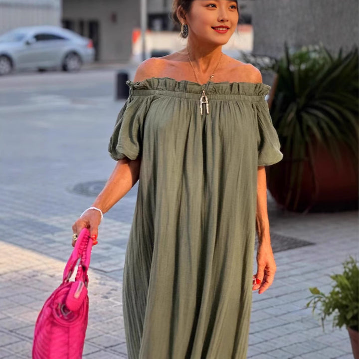 Dame Off-Shoulder Maxikjole med voluminøse pufærmer og flæser Stilla
