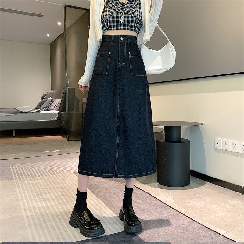 Kvinder Lang Denim Nederdel med Praktiske Lommer Stilla