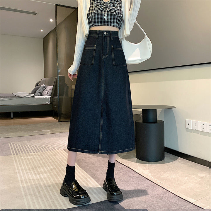Kvinder Lang Denim Nederdel med Praktiske Lommer Stilla