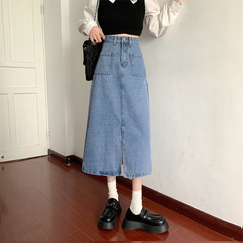 Kvinder Lang Denim Nederdel med Praktiske Lommer Stilla
