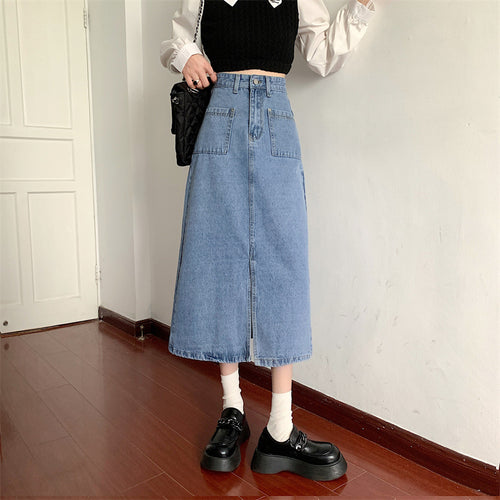 Kvinder Lang Denim Nederdel med Praktiske Lommer Stilla