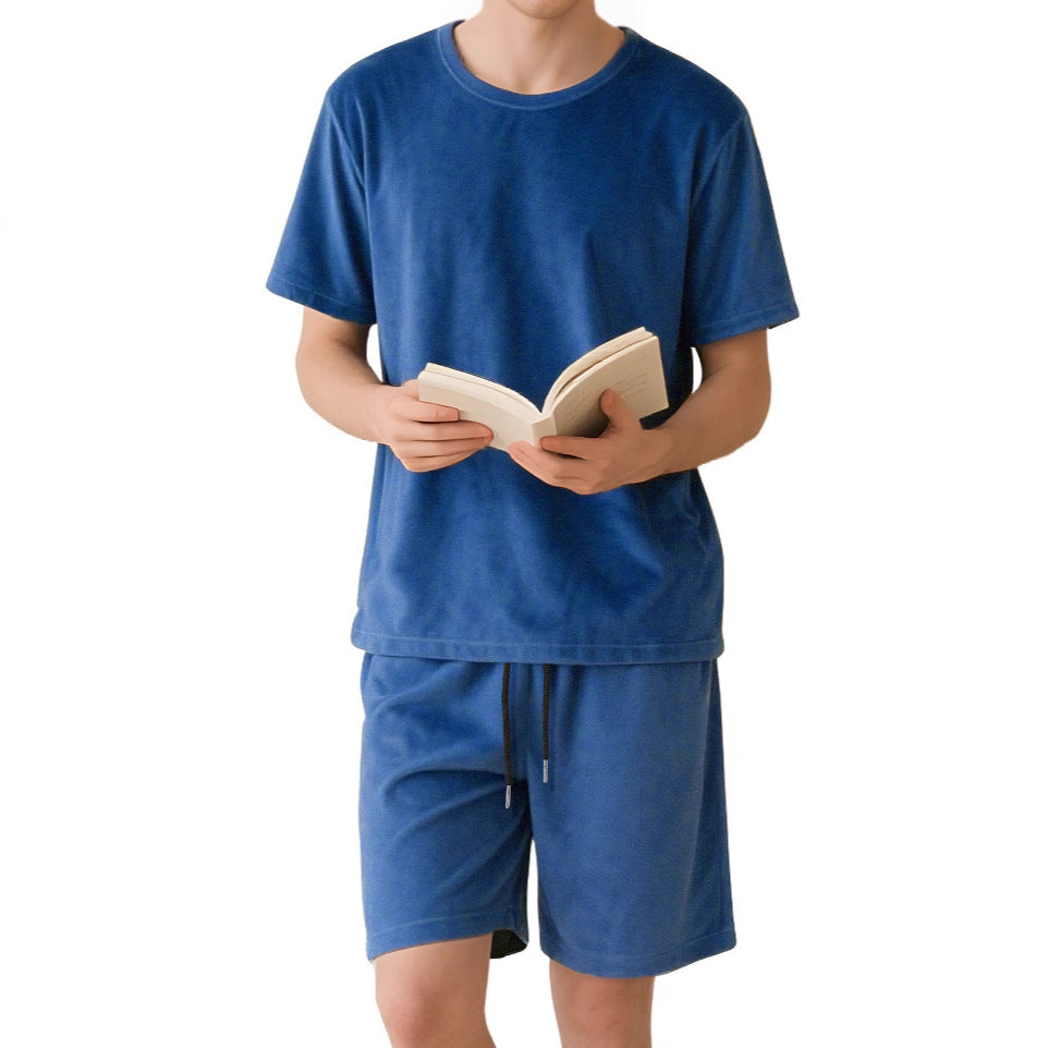 Herren nan Samtvelours Lounge-Sæt med Rundhals-Kortærmet T-shirt og Snorshorts Skovae