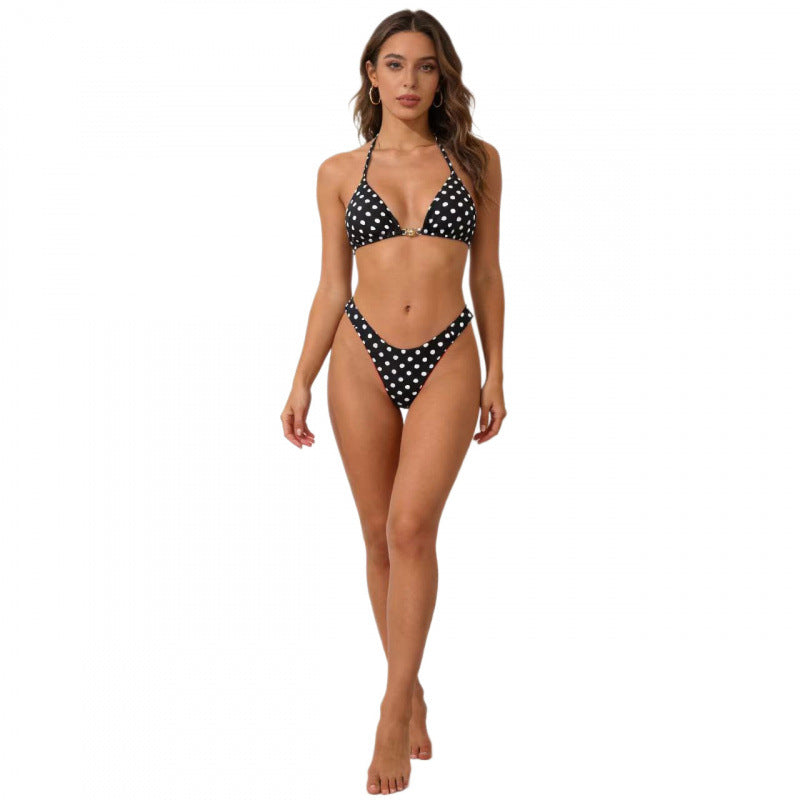 Dame triangel-bikini med moderne skærmdetaljer og store polka dutter Skovae