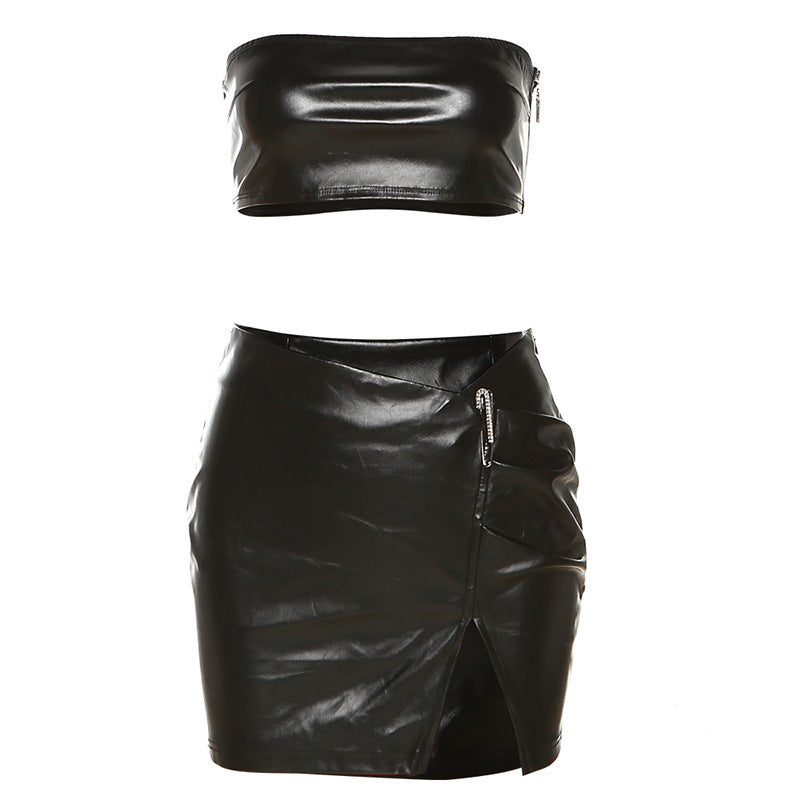 Dame Kunstlæder-Crop-Top og Mini nederdel sæt med asymmetrisk snit og dekorative detaljer Stilla